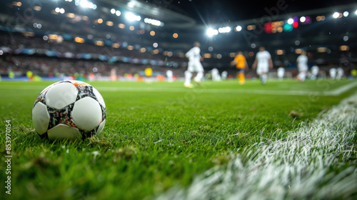 vue au ras de la pelouse d'un stade de football avec ligne de touche et ballon photo