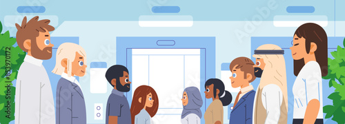 Two opposing business teams stand in corridor near open elevator. Rivalry concept flat illustration