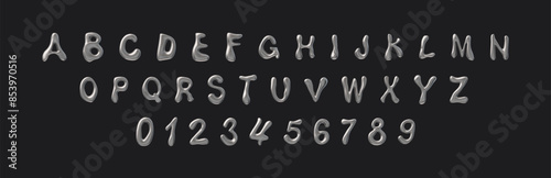 3D glossy silver liquid capital letters of English alphabet and numbers, vector Y2K font volume melted steel design