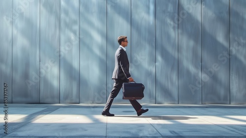 A working man in a business suit carries a briefcase to work in the office.