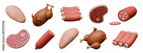 Cooked meat dishes and raw ingredients in 3D style. Fillet, fried chicken, ribs, steak, sausage