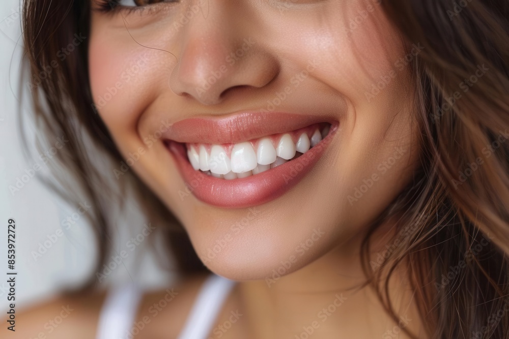 a closeup photo portrait of a beautiful young asian indian model woman smiling with clean teeth used for a dental ad isolated on white background Generative AI a closeup photo portrait of a beautiful young asian indian model woman smiling with clean teeth used for a dental ad isolated on white background Generative AI