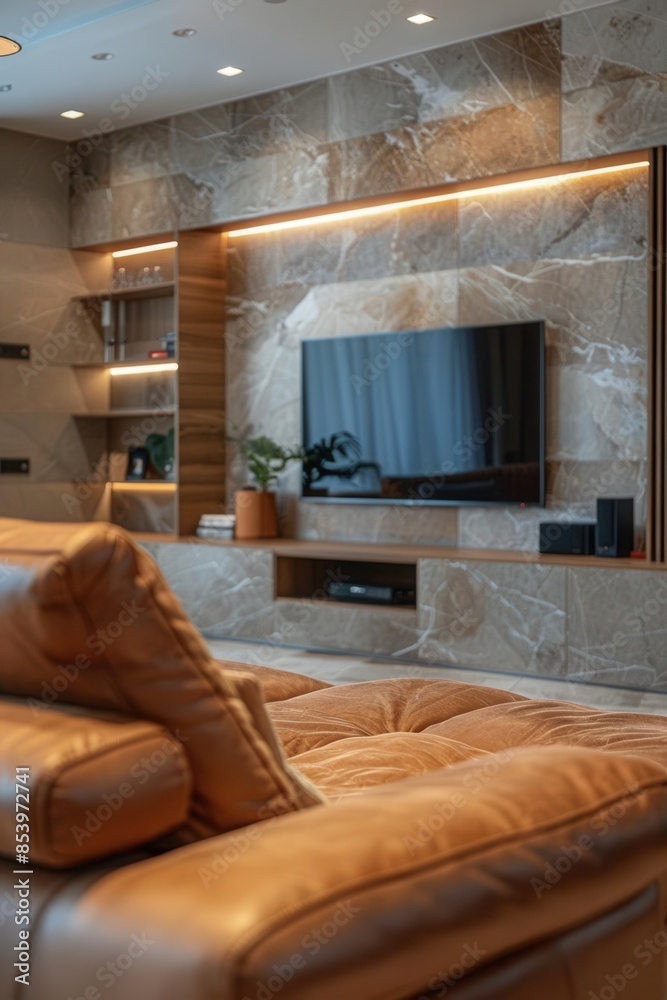 Beige leather sofa in a room with a stone cladding wall, rustic interior design, modern TV unit in the background, soft ambient lighting, eyelevel view Beige leather sofa in a room with a stone cladding wall, rustic interior design, modern TV unit in the background, soft ambient lighting, eyelevel view
