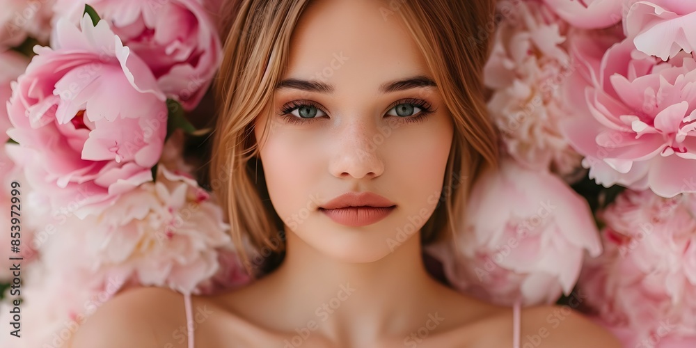 Fototapeta premium Stylish woman in peach dress surrounded by lush peonies in color of year. Concept Fashion Photography, Floral Arrangement, Color Trends, Styling Inspiration