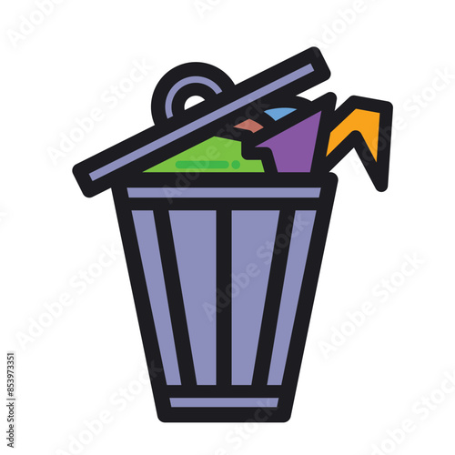 Full trash can with lid colorful icon illustration with outline isolated on square white background. Simple flat cartoon art styled drawing.