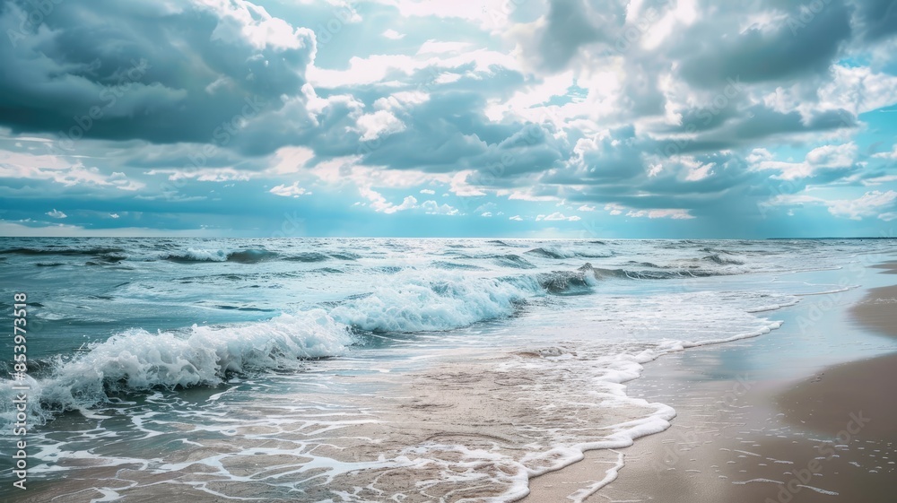 Tranquil beach scene with waves crashing onto shore under cloudy sky Tranquil beach scene with waves crashing onto shore under cloudy sky