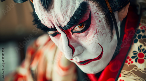 Kabuki theater performer in dramatic makeup and costume.


