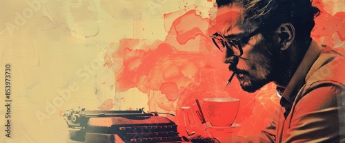 A man with glasses is writing on a typewriter He is wearing a brown suit and there is an orange background. AIGZ01 photo