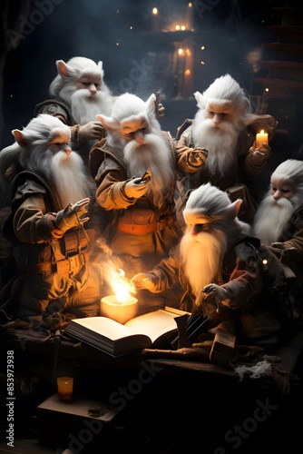 Santa Claus reading a book with candles in the background. Christmas scene. © Iman