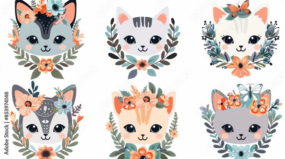 Fototapeta premium cat, flower, illustration style