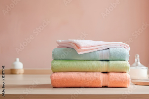 a stack of colored towels against a plain wall in the spa, mockup