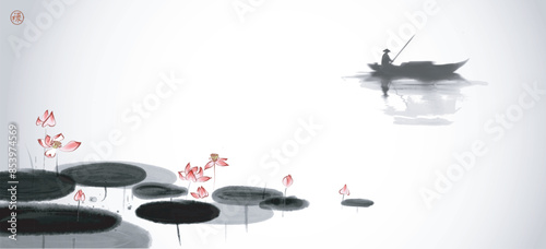 Ink painting of a lone boatman rowing near blooming lotus flowers on calm water.Traditional oriental ink painting sumi-e, u-sin, go-hua. Hieroglyph - well-being