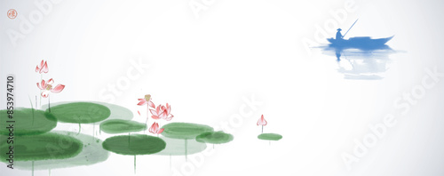 Ink painting of a lone boatman rowing near blooming lotus flowers on calm water.Traditional oriental ink painting sumi-e, u-sin, go-hua. Hieroglyph - well-being