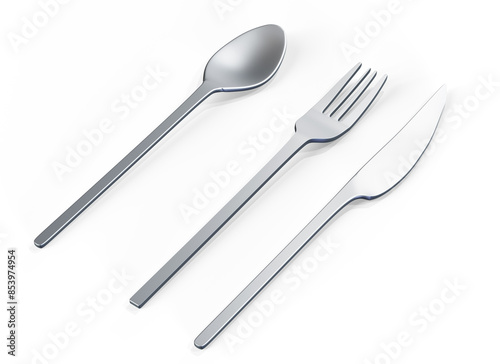 Set of new metal spoons on white background 3d render