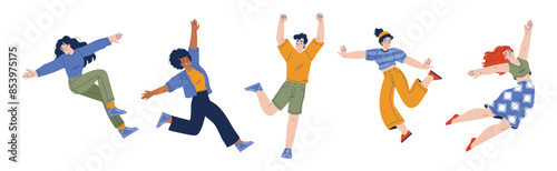Happy and Rejoicing Jumping Man and Woman Character Cheering Vector Illustration Set