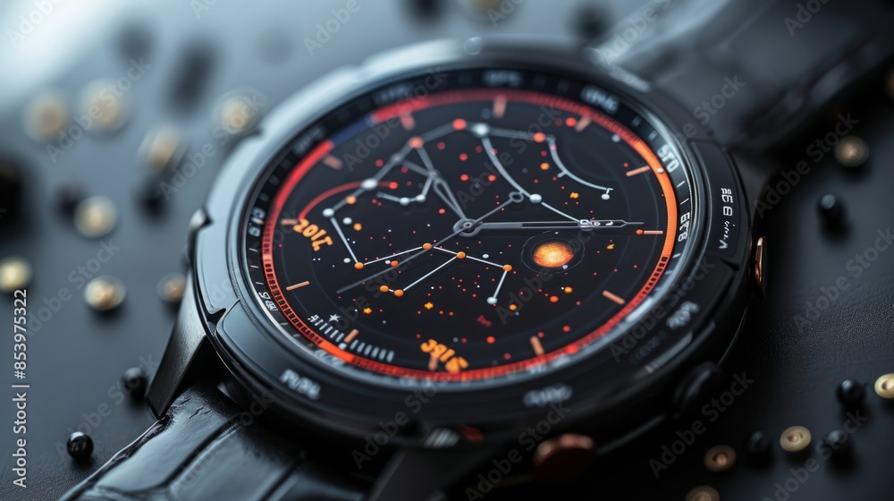 A close-up image of a black smartwatch with a constellation watch face displaying a starry night sky with a red and orange accent. A close-up image of a black smartwatch with a constellation watch face displaying a starry night sky with a red and orange accent.