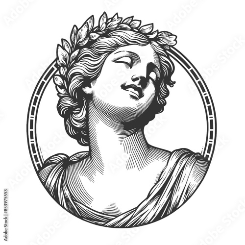 Happy joyful woman greek statue with a laurel wreath, serene and elegant pose sketch engraving generative ai fictional character vector illustration. Scratch board imitation. Black and white image.