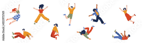 Happy and Rejoicing Jumping Man and Woman Character Cheering Vector Illustration Set