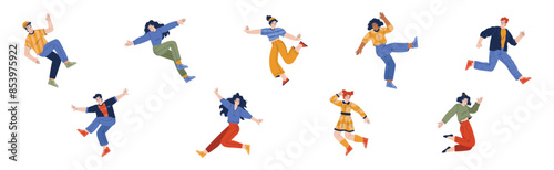 Happy and Rejoicing Jumping Man and Woman Character Cheering Vector Illustration Set