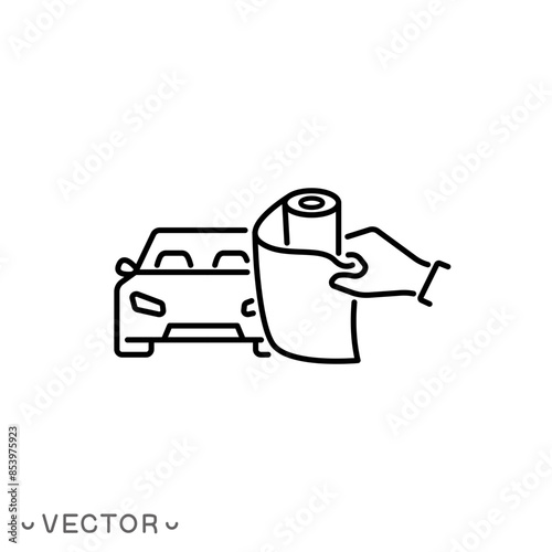 process of applying protective film for car icon, work of sticking armor film on car, car paint protection, thin line symbol isolated on white background, editable stroke eps 10 vector illustration