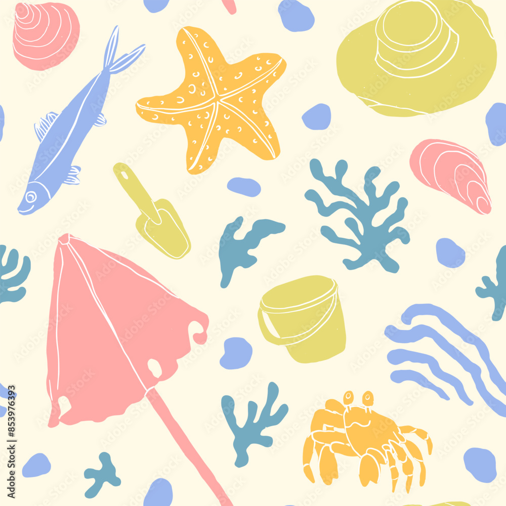 Fun playful beach seamless pattern with a crab, fish, umbrella, bucket, shovel, starfish, seashells, weeds and pebbles. Textile, paper design. Cartoon, childish. Fun playful beach seamless pattern with a crab, fish, umbrella, bucket, shovel, starfish, seashells, weeds and pebbles. Textile, paper design. Cartoon, childish.