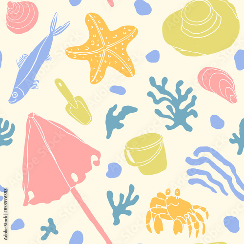 Fun playful beach seamless pattern with a crab, fish, umbrella, bucket, shovel, starfish, seashells, weeds and pebbles. Textile, paper design. Cartoon, childish.