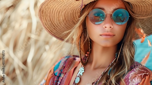 Boho Inspired Woman Enjoying Outdoor Summer Fashion with Wide Brimmed Hat and Accessories © doraclub