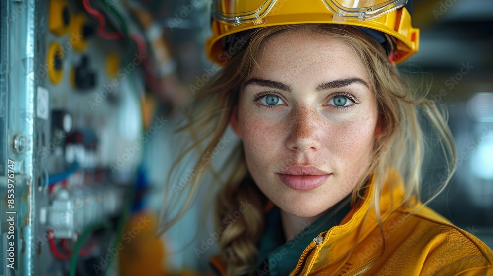 A female engineer in a yellow hard hat stands next to an electrical panel, highlighting her profession A female engineer in a yellow hard hat stands next to an electrical panel, highlighting her profession