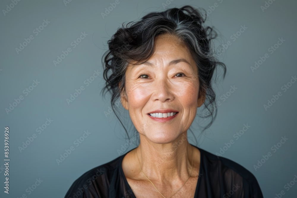 Portrait of a satisfied asian woman in her 60s smiling at the camera in pastel gray background Portrait of a satisfied asian woman in her 60s smiling at the camera in pastel gray background