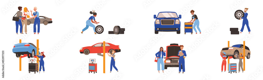 Car Repair Service with Mechanics Team in Garage Doing Technical Inspection and Automobile Diagnostics Vector Illustration Set Car Repair Service with Mechanics Team in Garage Doing Technical Inspection and Automobile Diagnostics Vector Illustration Set