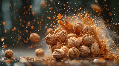 Striking image of walnuts engulfed in a dynamic explosion of cocoa powder, conveying energy and motion photo