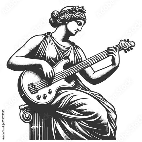 statue adorned with laurel wreath, playing electric guitar, ancient art modern music sketch engraving generative ai vector illustration. Scratch board imitation. Black and white image