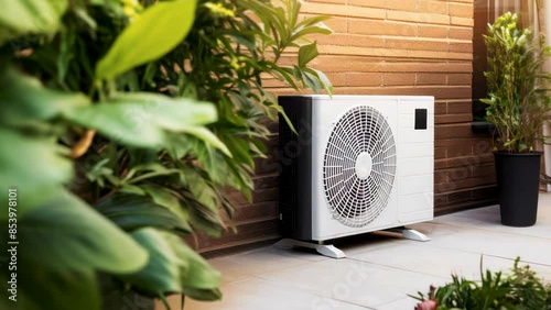 air source heat pump, AC unit installed outdoors at home photo