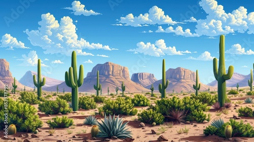 A scenic vista of a desert landscape with towering saguaro cacti, rocky cliffs, and a vibrant blue sky dotted with fluffy white clouds