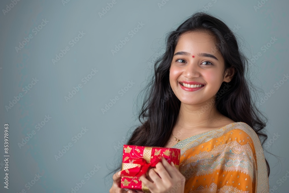 Portrait of a smiling indian woman in her 20s holding a gift while standing against pastel gray background Portrait of a smiling indian woman in her 20s holding a gift while standing against pastel gray background