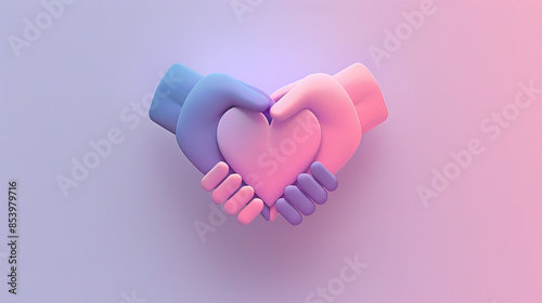 A logo design with a heart and handshake icon, surrounded by a gentle pink and purple pastel gradient background. Friendship minimalist icon logo design. 3D rendering illustration for Valentine’s Day.