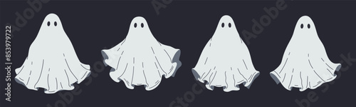 Spooky night ghosts. Halloween cute phantoms characters, funny ghosted spooky spirits flat vector illustrations set. Hand drawn cheerful ghosts