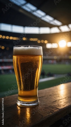 Closeup of glass of beer in a soccer stadium for advertising, vouchers, Instagram posts etc. Generative AI.