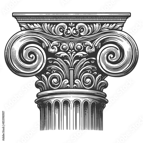 Ionic Roman Greek column capital intricate acanthus leaves and scroll volutes, in engraving style sketch engraving generative ai vector illustration. Scratch board imitation. Black and white image.