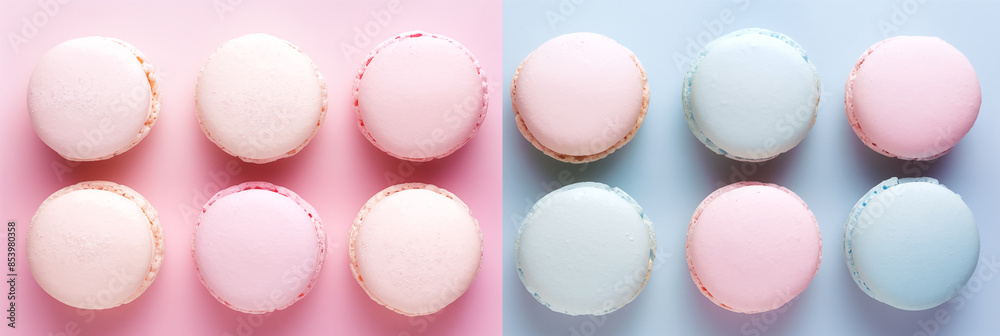 Pastel macarons arranged on pink and blue background, confectionery dessert banner. Panoramic web header. Wide screen wallpaper Pastel macarons arranged on pink and blue background, confectionery dessert banner. Panoramic web header. Wide screen wallpaper