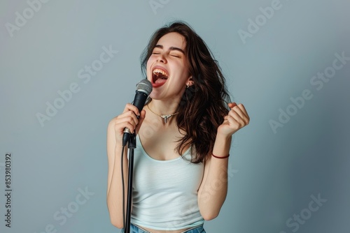 Portrait of a jovial woman in her 20s dancing and singing song in microphone isolated in pastel gray background