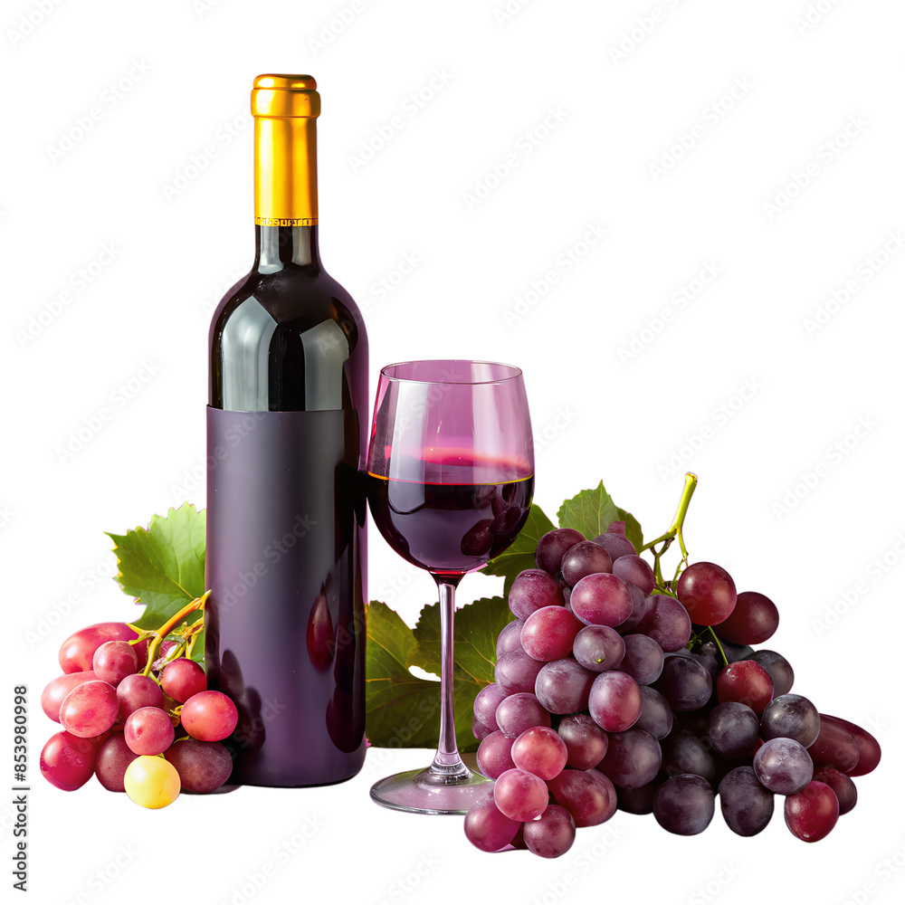 Obraz premium Bottle of red wine with a glass and grapes on a white background. Perfect for vineyard, winery, and wine tasting concepts.