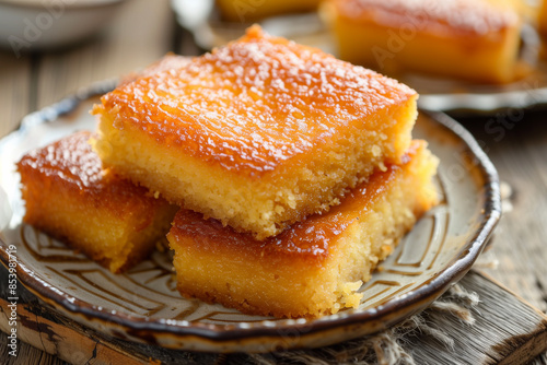 Middle eastern semolina cake basbousa. namoora, hareesa dessert. Turkish dessert. photo