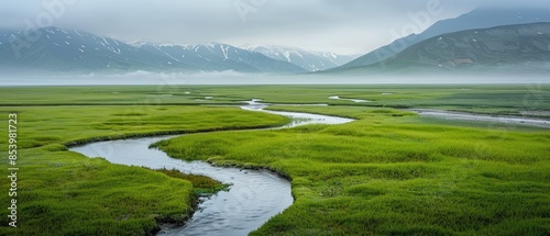 A serene landscape featuring a winding river flowing through lush green meadows with misty mountains in the background.