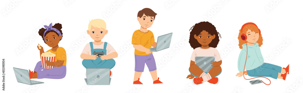 Happy Kid Use Laptop and Smartphone Mobile Gadget Vector Set Happy Kid Use Laptop and Smartphone Mobile Gadget Vector Set