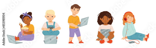 Happy Kid Use Laptop and Smartphone Mobile Gadget Vector Set