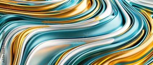 Dynamic abstract background featuring swirling waves of turquoise, gold, and white colors creating fluid, elegant, and mesmerizing patterns.