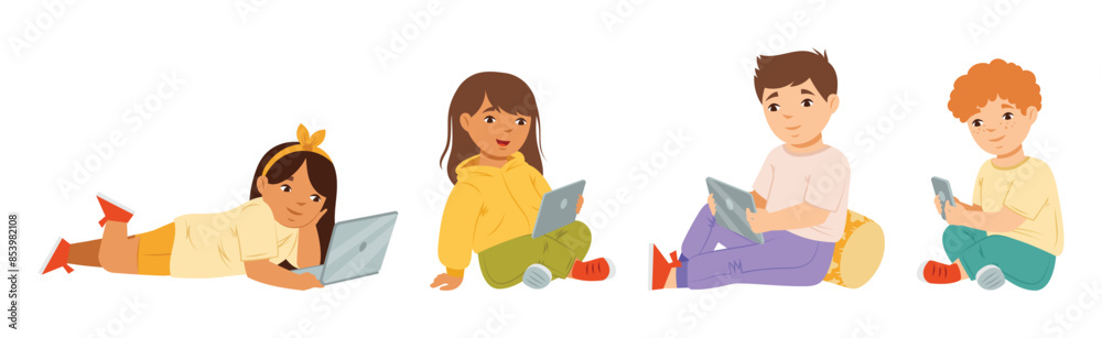 Happy Kid Use Tablet and Laptop Mobile Gadget Vector Set Happy Kid Use Tablet and Laptop Mobile Gadget Vector Set