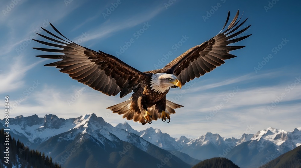 An American bald eagle is flying and hunting for prey in a mountain covered with ice An American bald eagle is flying and hunting for prey in a mountain covered with ice