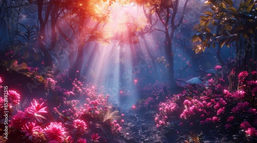 Fototapeta Naklejka Na Ścianę i Meble -  A mystical pink forest bathed in otherworldly light beams and flourishing flora